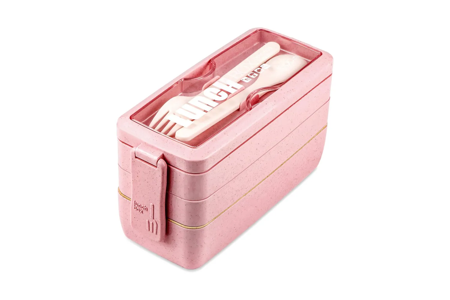 A threetiered bento box with a utensil compartment on top designed for holding meals